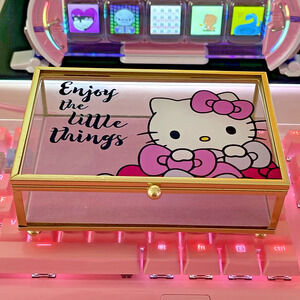 Hello Kitty Glass Jewelry Box Pink Lined Bottom Gold 6"x4"x2" Bows 2024 Sanrio